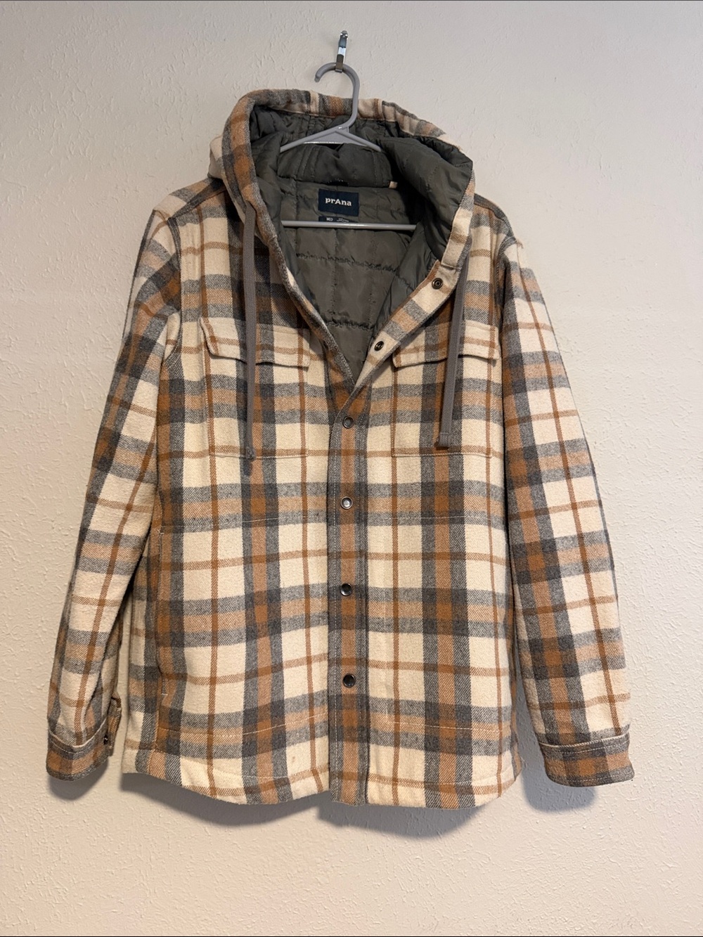 Prana Plaid Hooded Wool Jacket in Cream, Brown & Gray